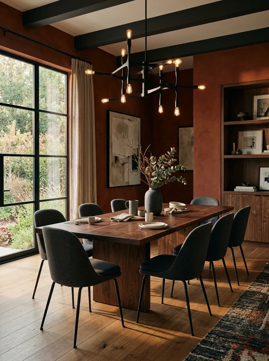 Moody Dining Room With Rust-Colored Walls and Dark Furniture