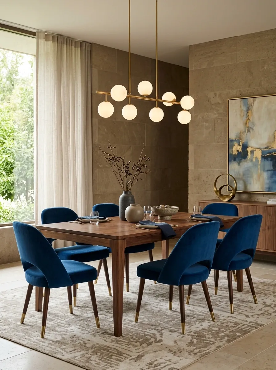 Moody Dining Room With Sapphire Chairs and Warm Stone Walls