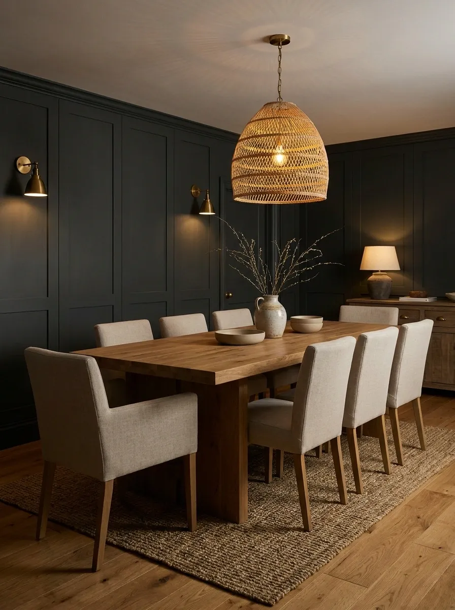 Moody Farmhouse Dining Room With Charcoal Walls and Warm Timber