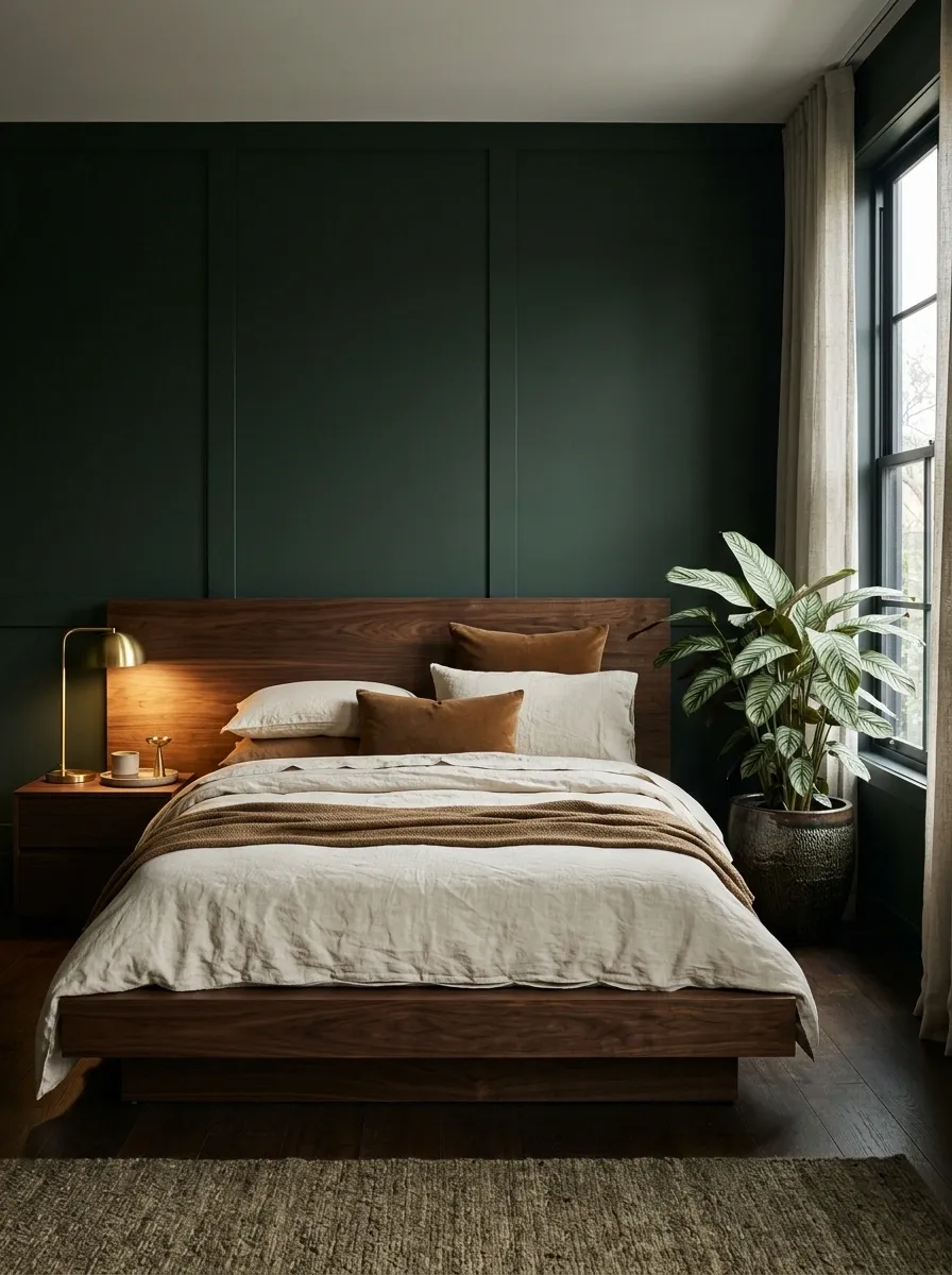 Moody Forest Bedroom With Deep Green Walls and Dark Timber