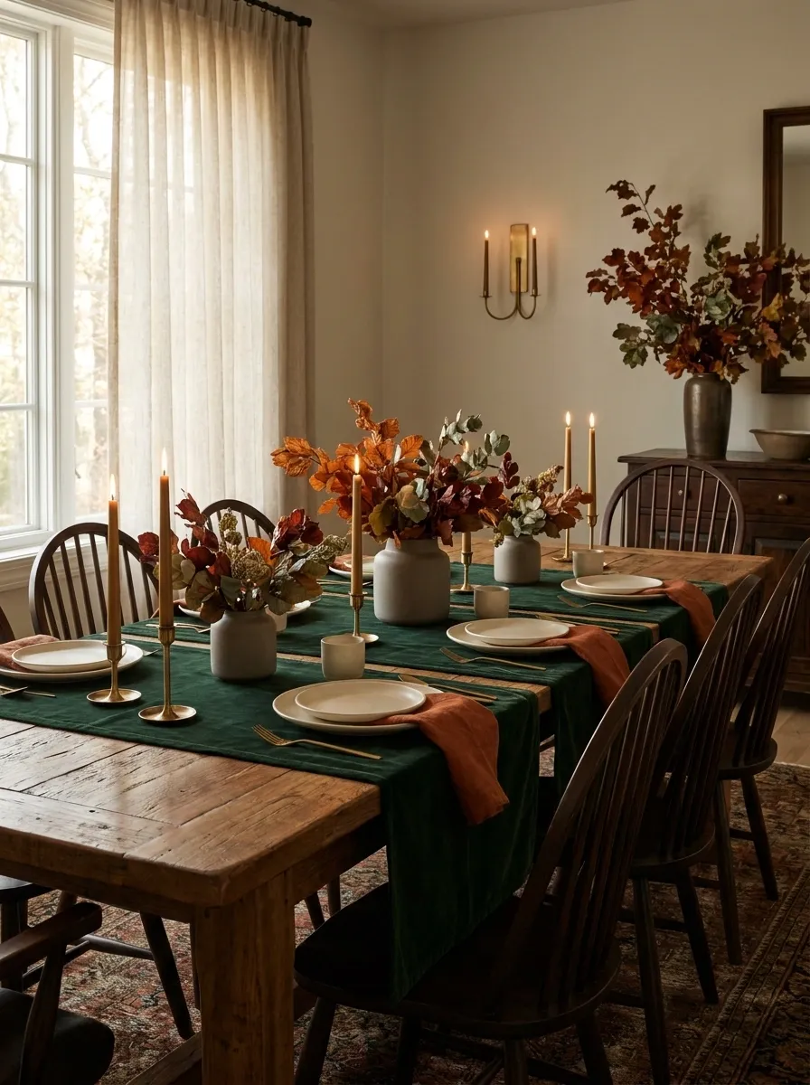 Moody Forest Green and Burnt Orange Thanksgiving Tablescape