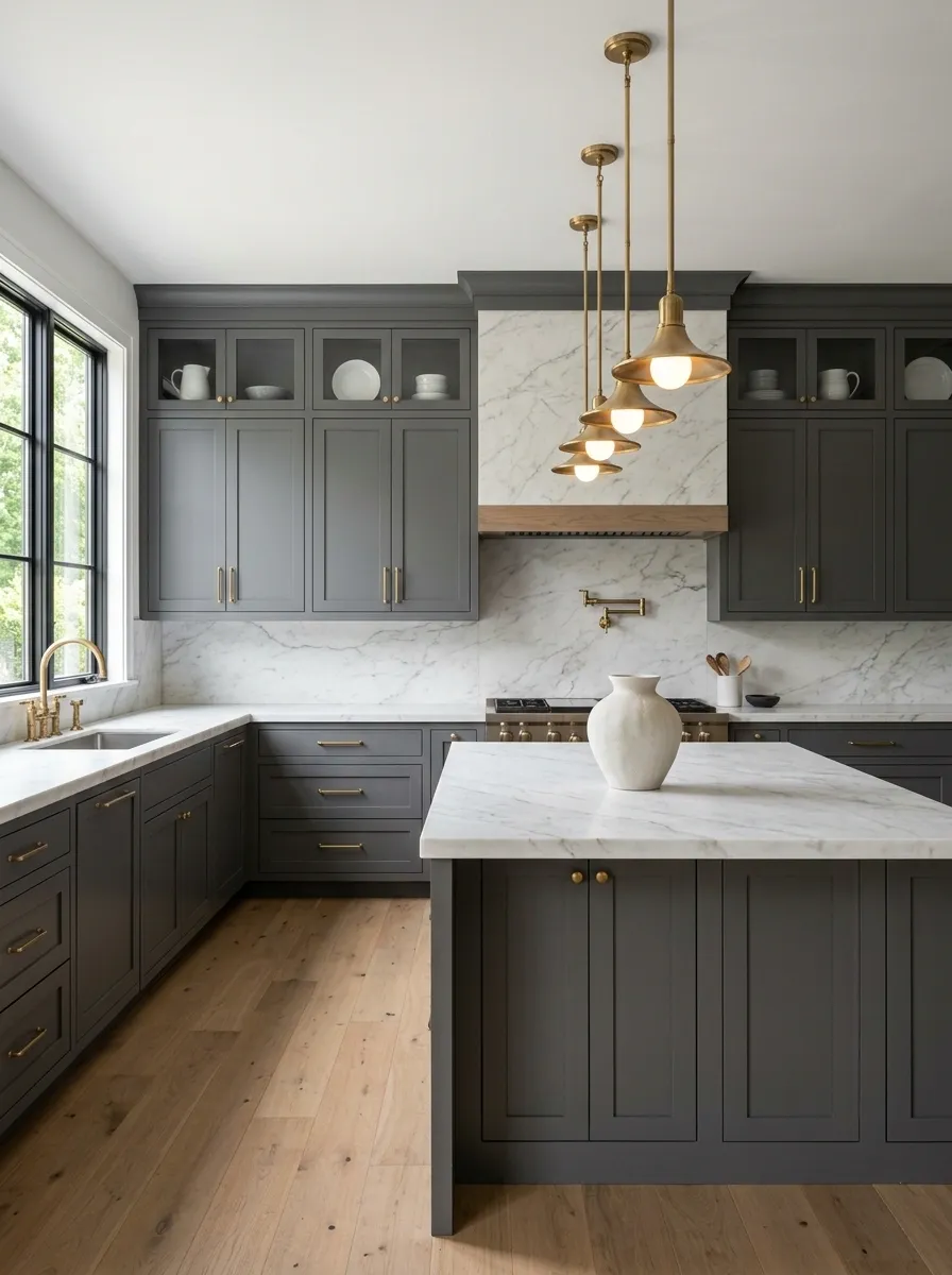 Moody Gray Cabinets With White Marble and Brass
