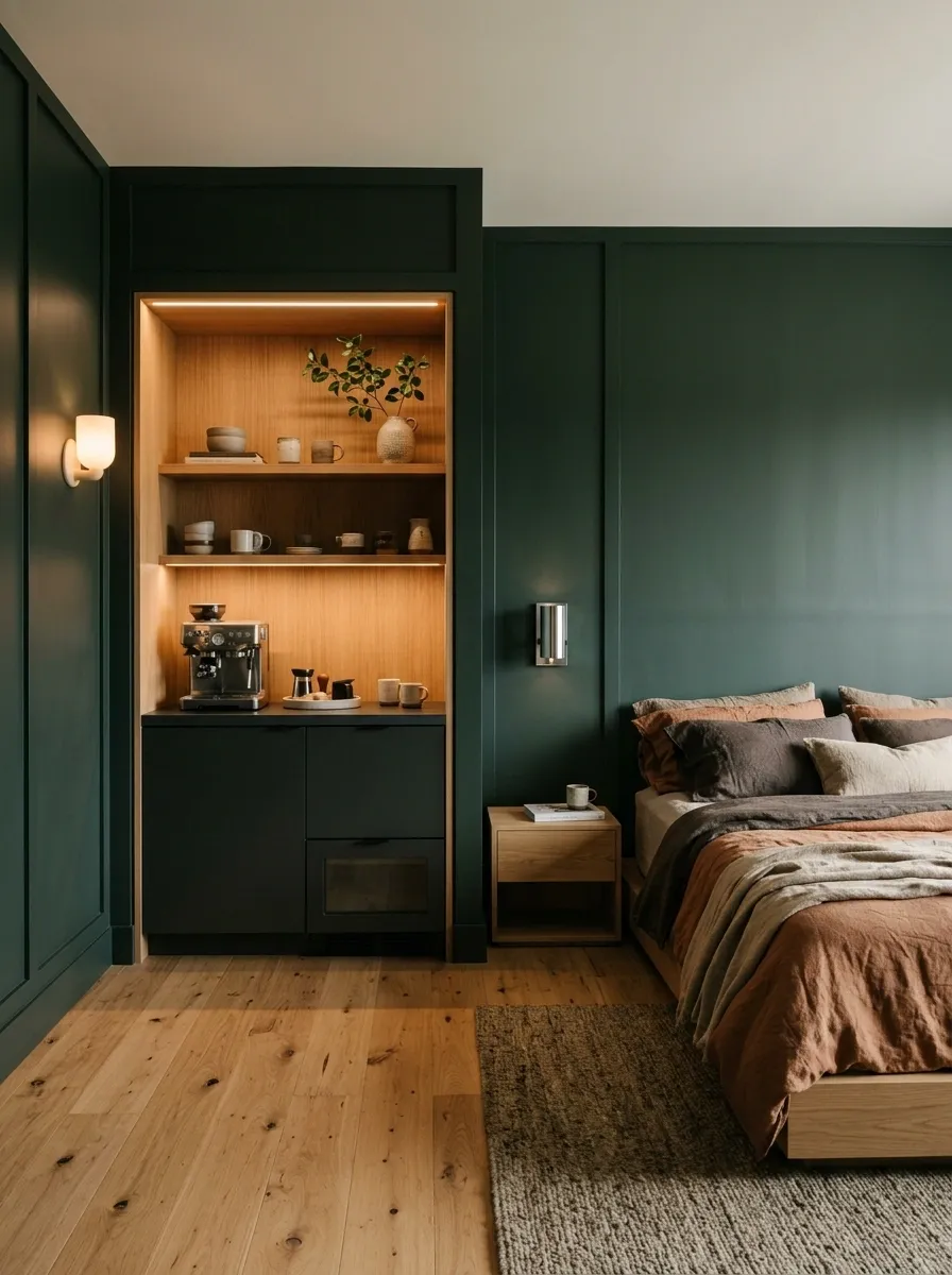 Moody Green Bedroom With a Built-In Coffee Alcove