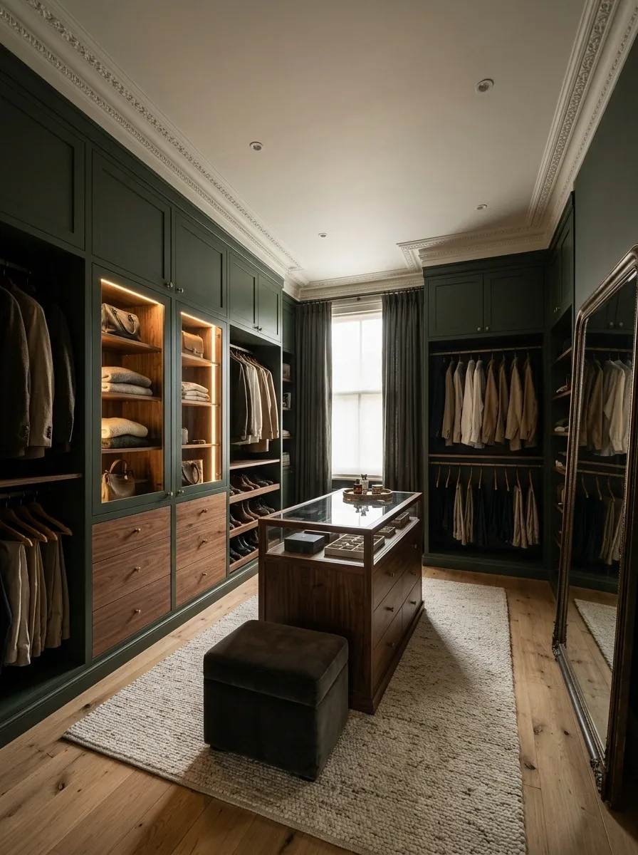 Moody Green Closet With Walnut and Brass