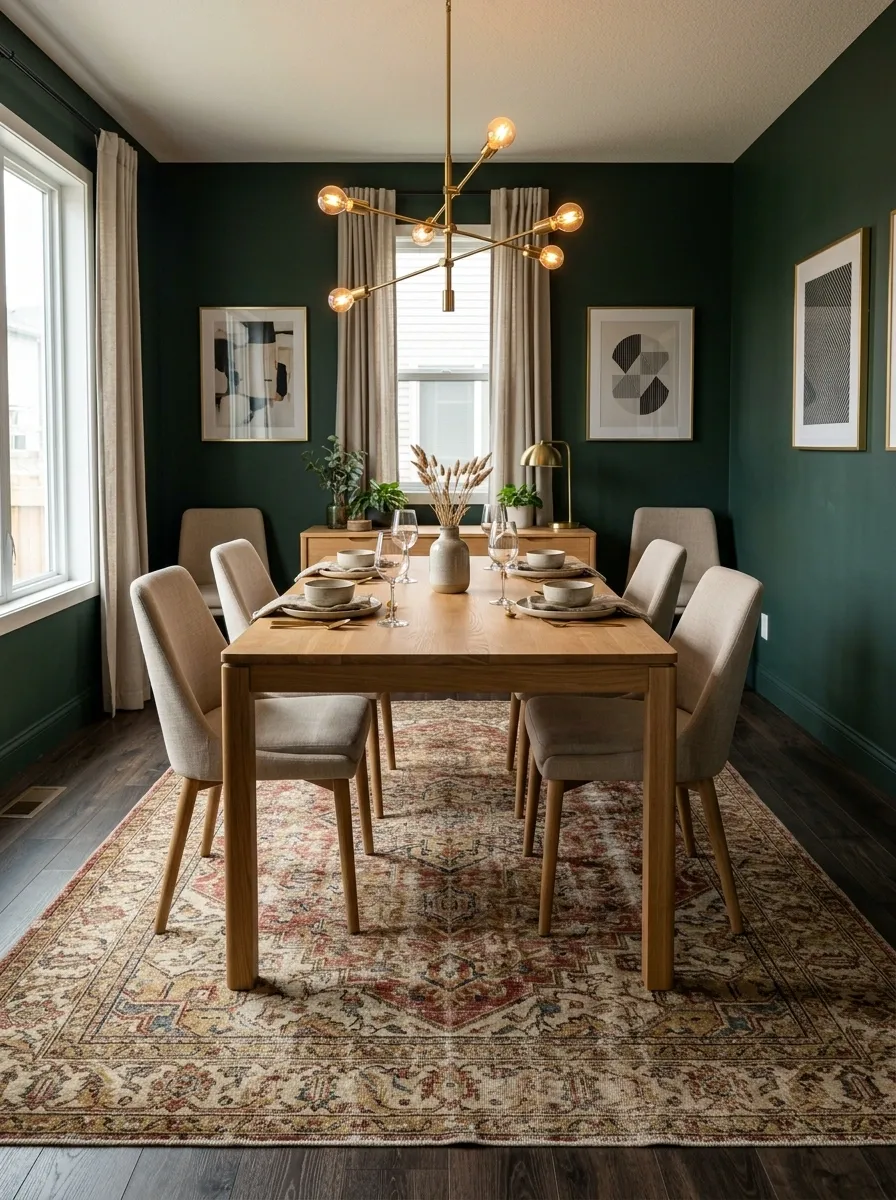 Moody Green Dining Room With Vintage Rug and Contemporary Table