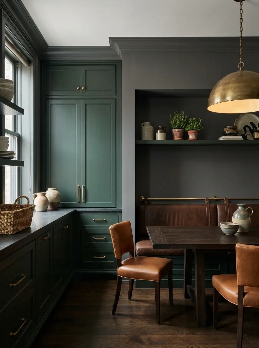 Moody Green Kitchen With Leather Banquette Seating