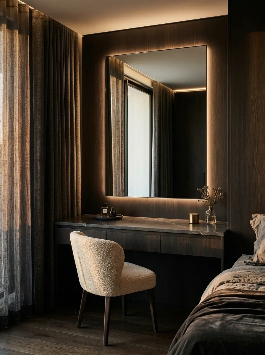 Moody Hotel-Style Vanity With Integrated Lighting and Stone