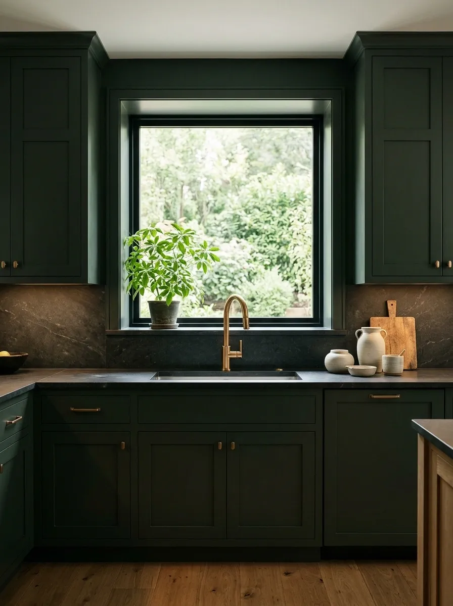 Moody Kitchen With Deep Green Cabinetry and Bronze Fixtures