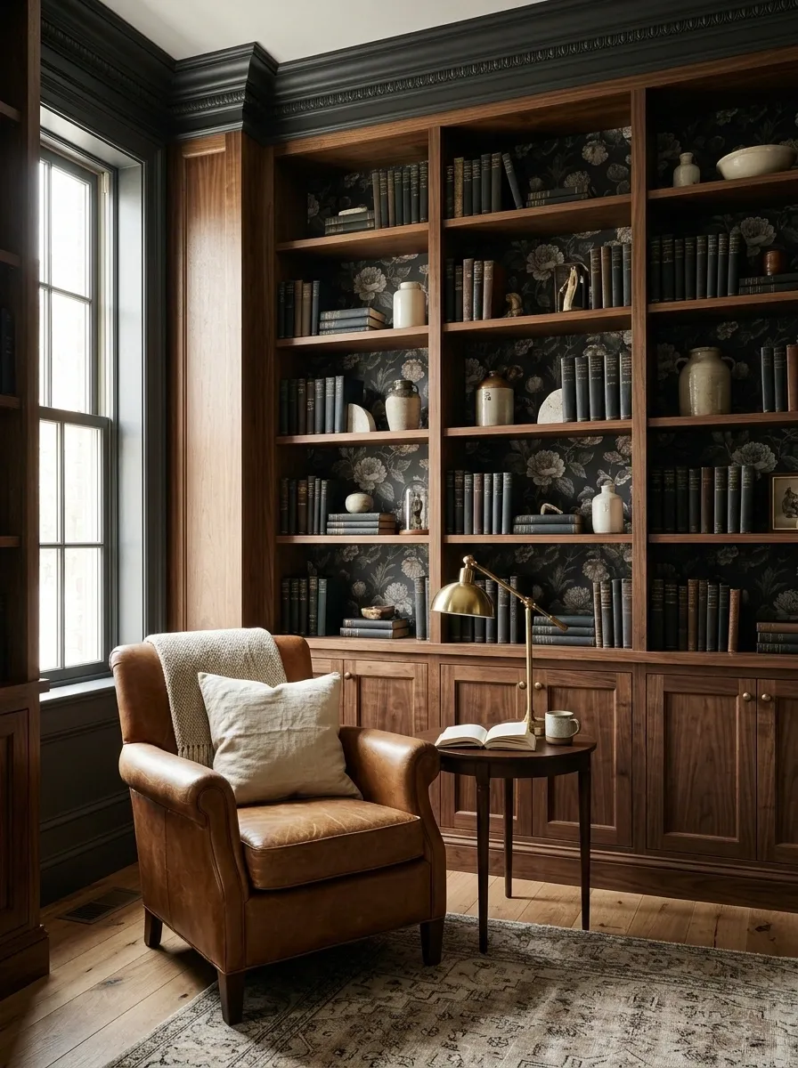 Moody Library Shelves With Charcoal Floral Wallpaper and Walnut Furniture