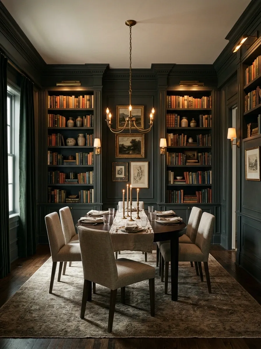 Moody Library-Style Dining Room With Built-In Shelving