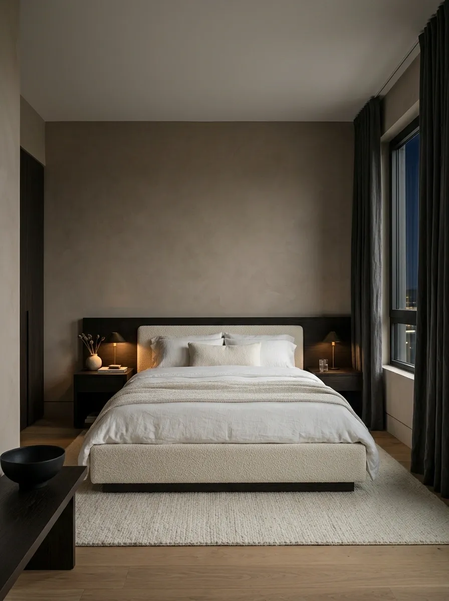 Moody Minimal Bedroom With Espresso Wood and Cream Upholstery