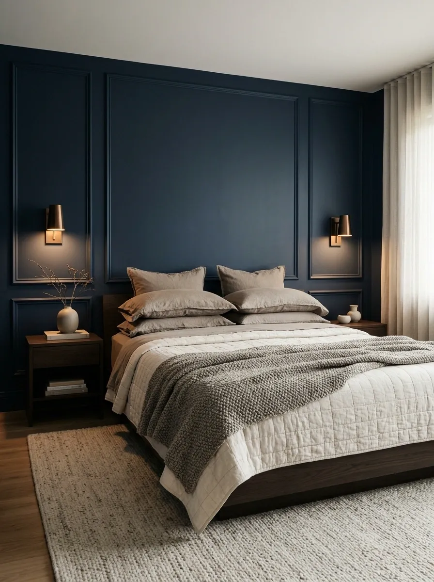 Moody Navy Bedroom With Bronze Lighting and Textured Bedding
