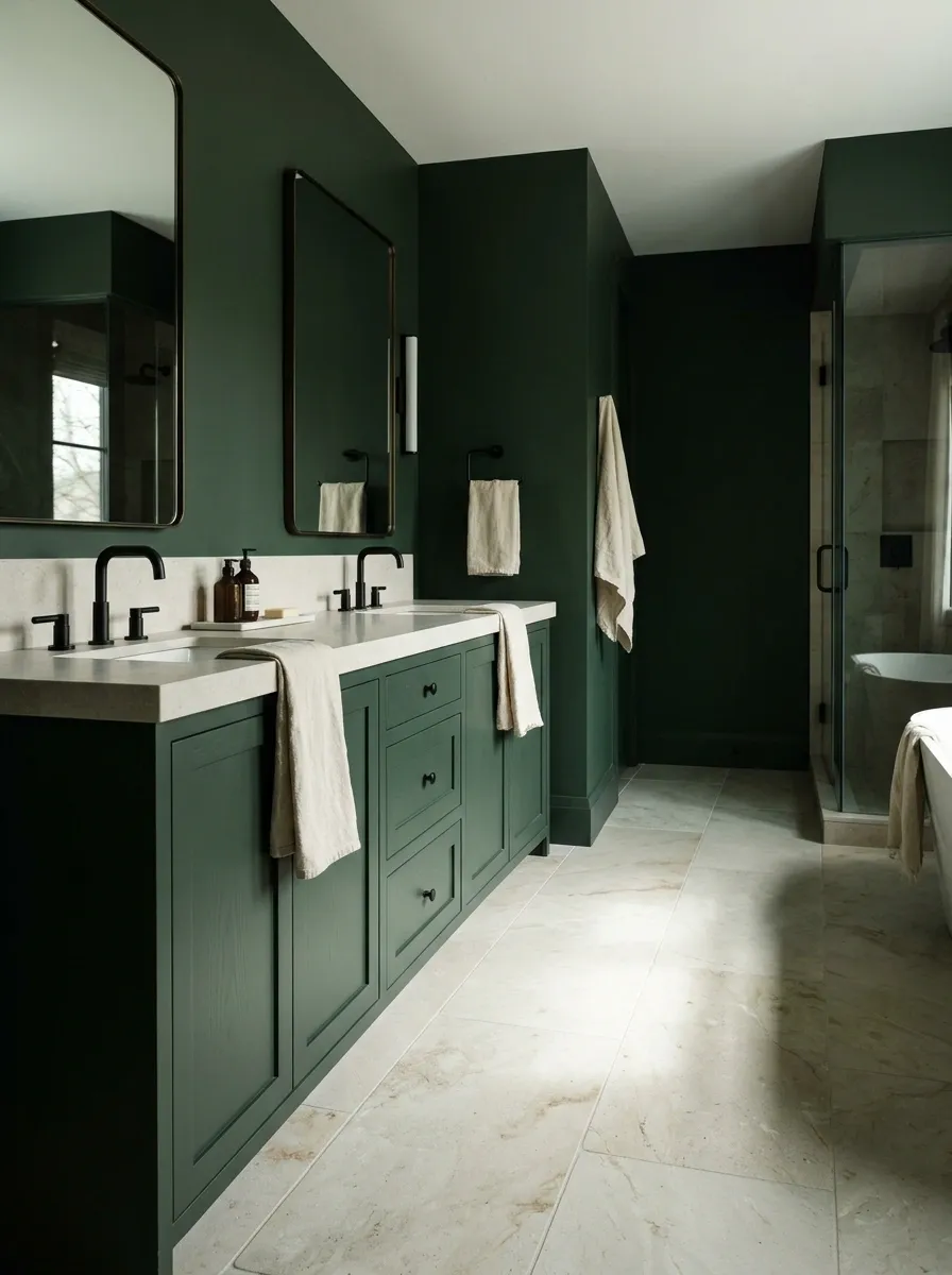 Moody Pine Green Bathroom With Limestone Floor
