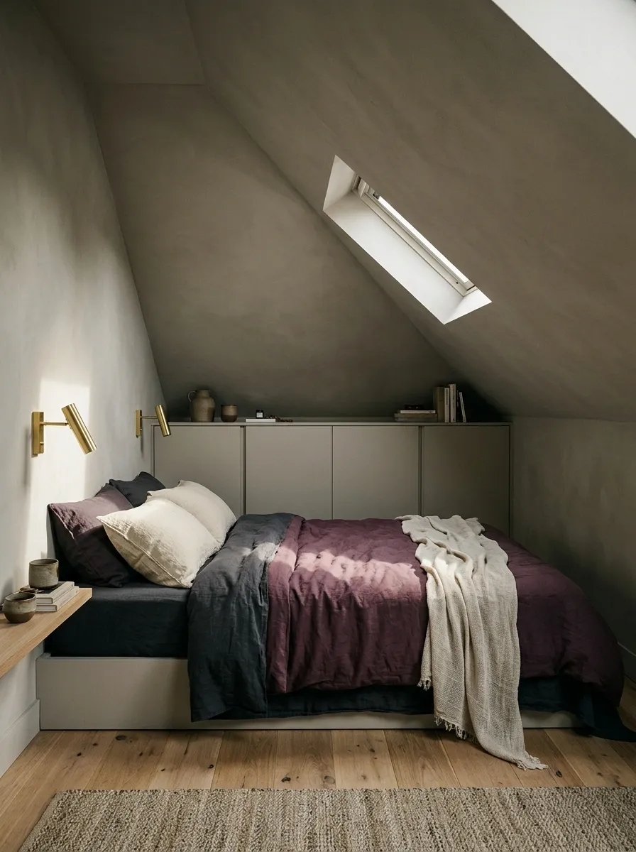Moody Plum Bedding in a Compact Attic Bedroom