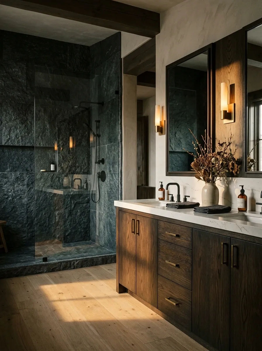 Moody Ranch Bathroom With Charcoal Stone and Smoked Oak