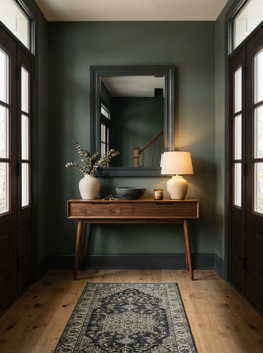 Moody Sage Entry With Charcoal Accents and Walnut