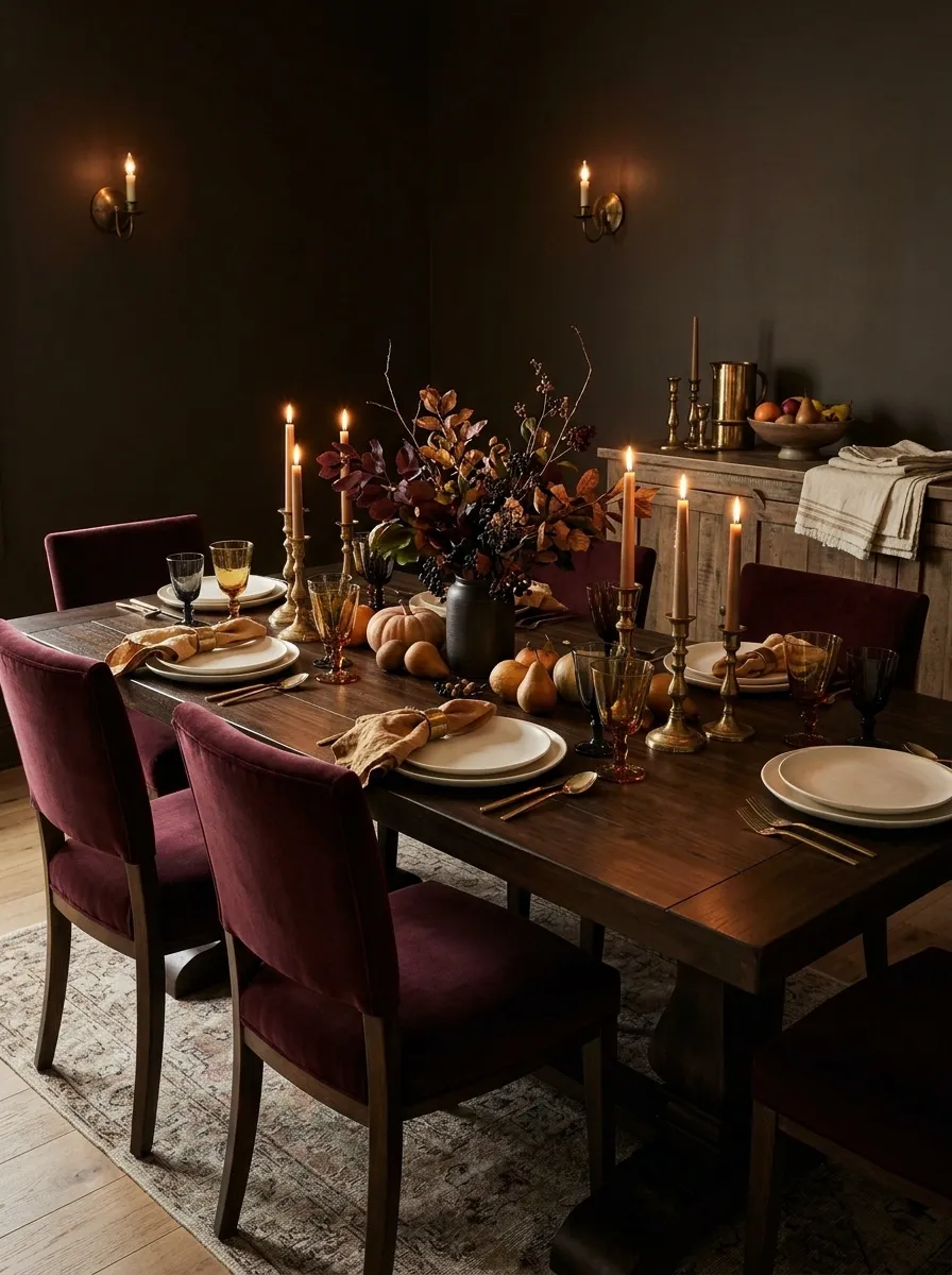 Moody Thanksgiving Dining Room With Burgundy and Dark Wood