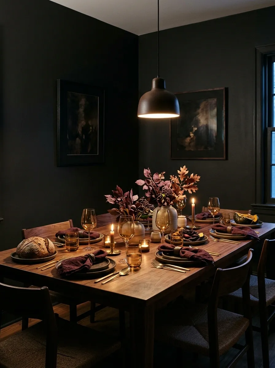 Moody Thanksgiving Dinner in a Dark, Intimate Dining Corner