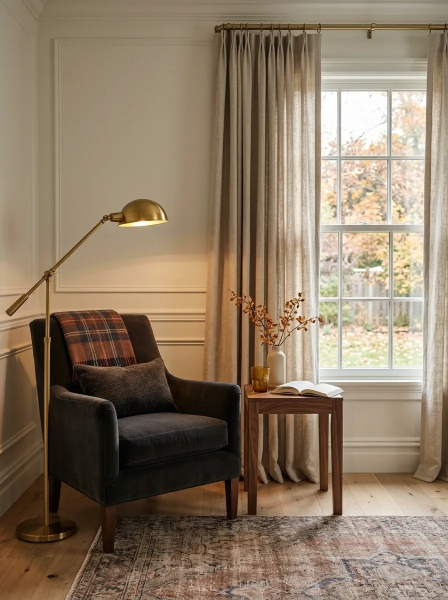 Moody Thanksgiving Reading Corner With Plaid and Amber Light