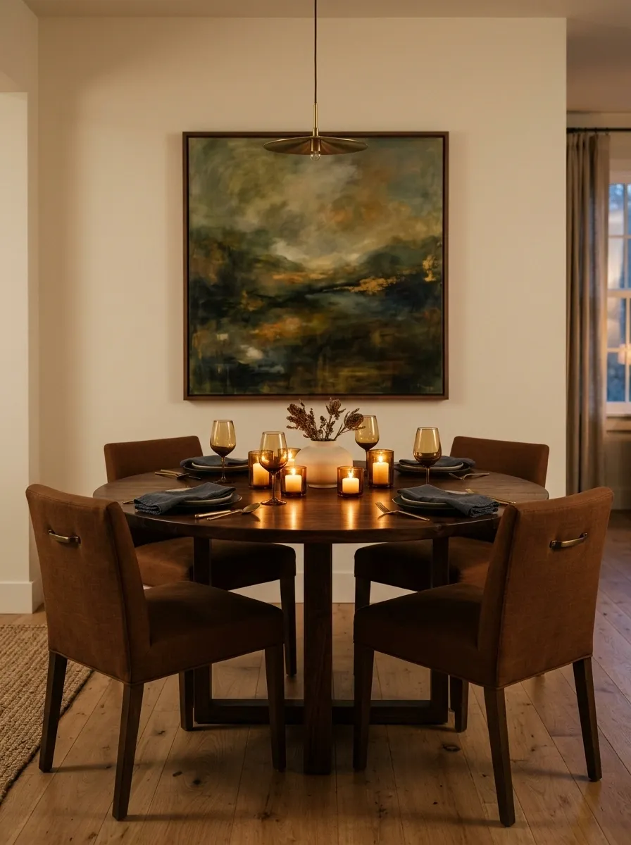 Moody Walnut Table With Amber Glass and Candlelight