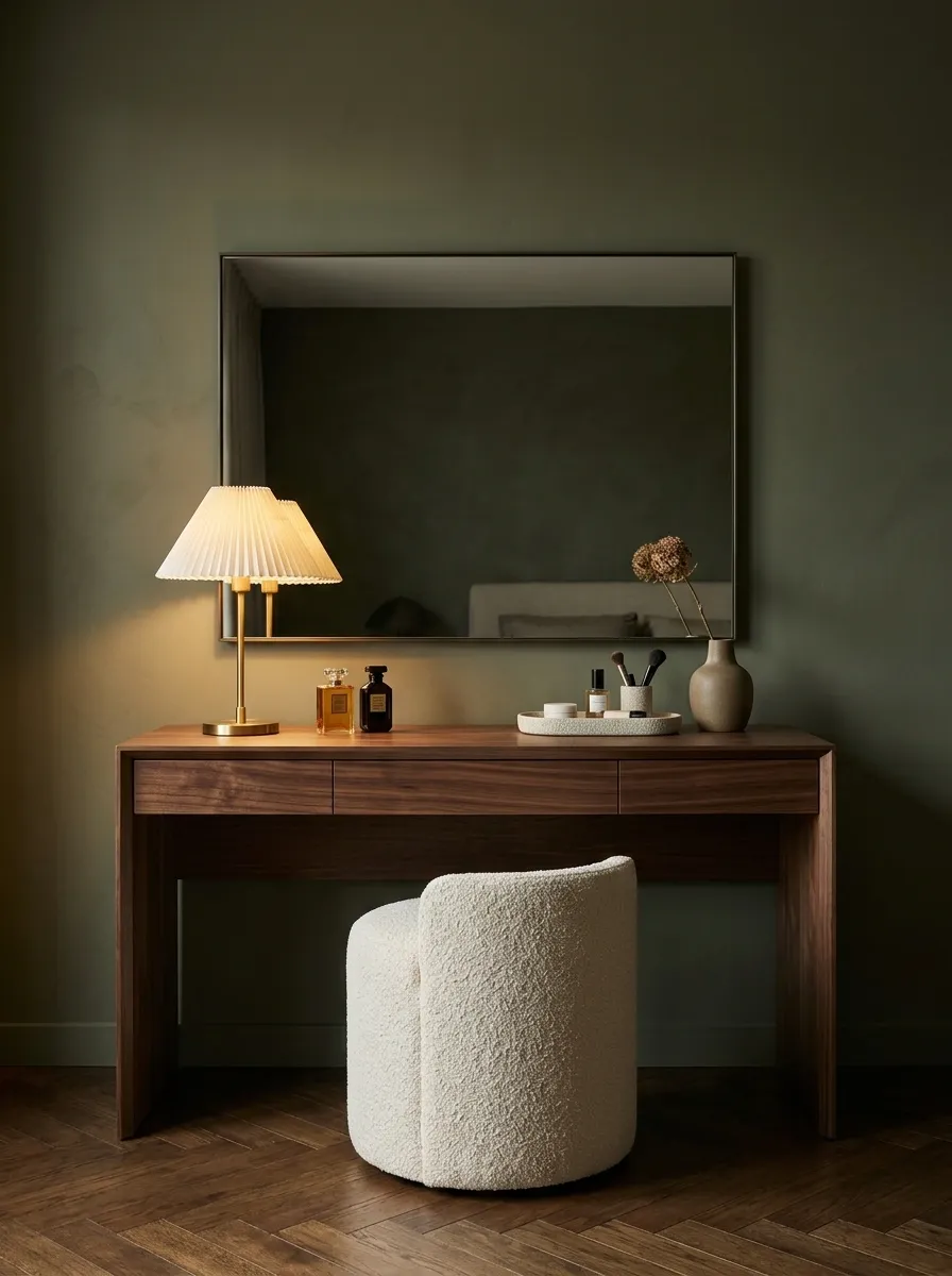 Moody Walnut Vanity Against a Deep Olive Wall