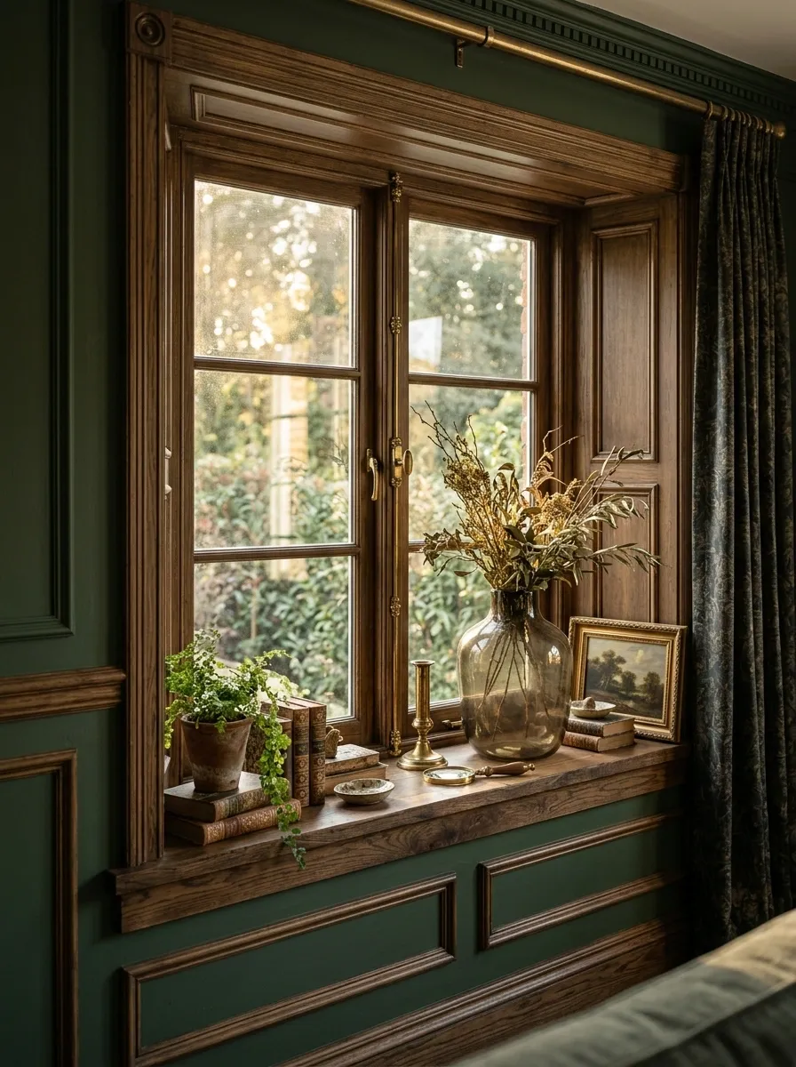 Moody Window With Deep Green Walls and Antique Brass Accents