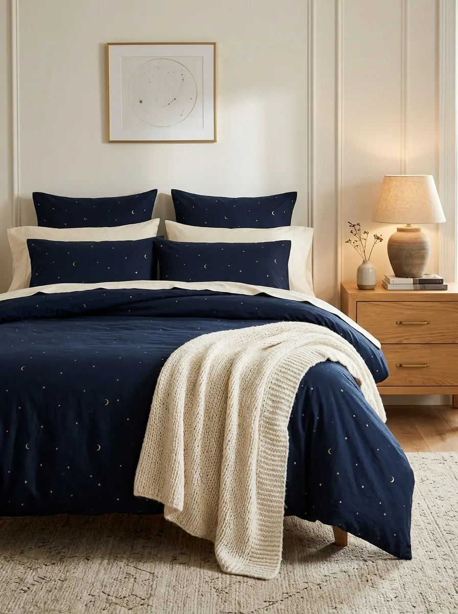 Moon and Star Bedding With a Deep Midnight Palette