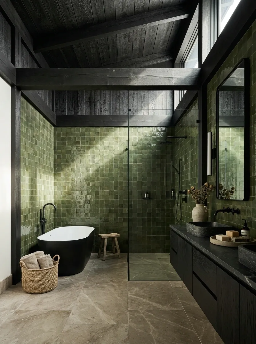 Moss Green Bathroom With Blackened Oak Ceiling