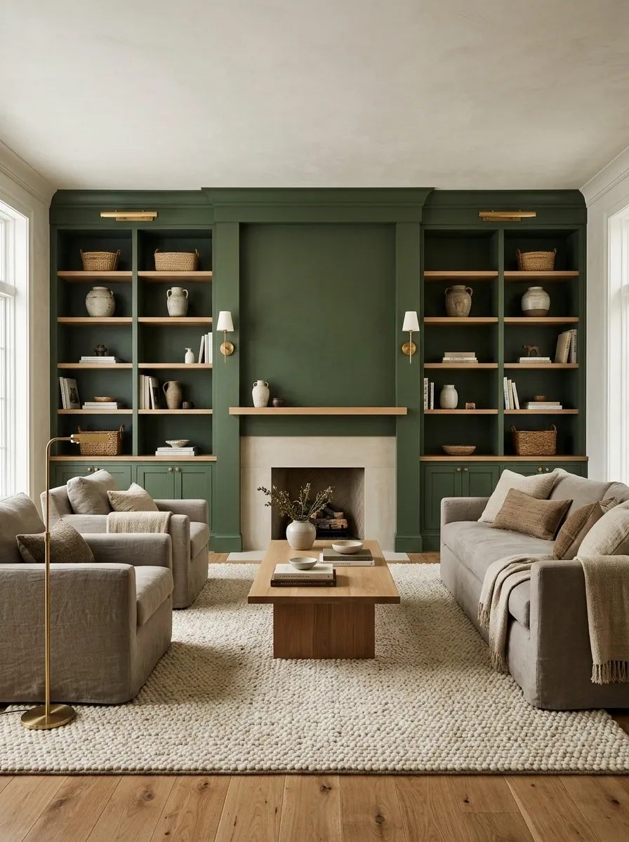 Moss Green + Putty With Built-In Shelving