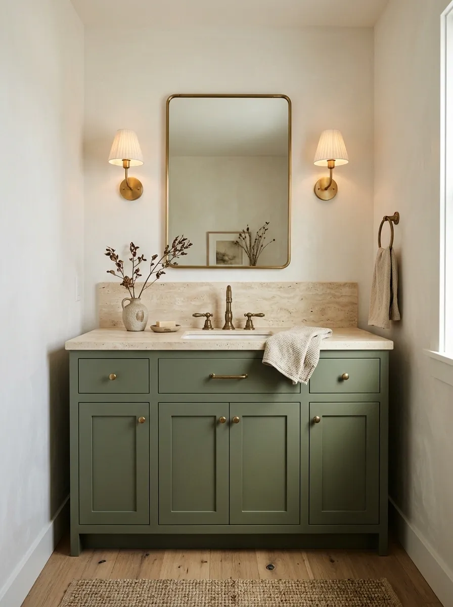 Moss-Green Vanity Bathroom With Travertine and Aged Brass