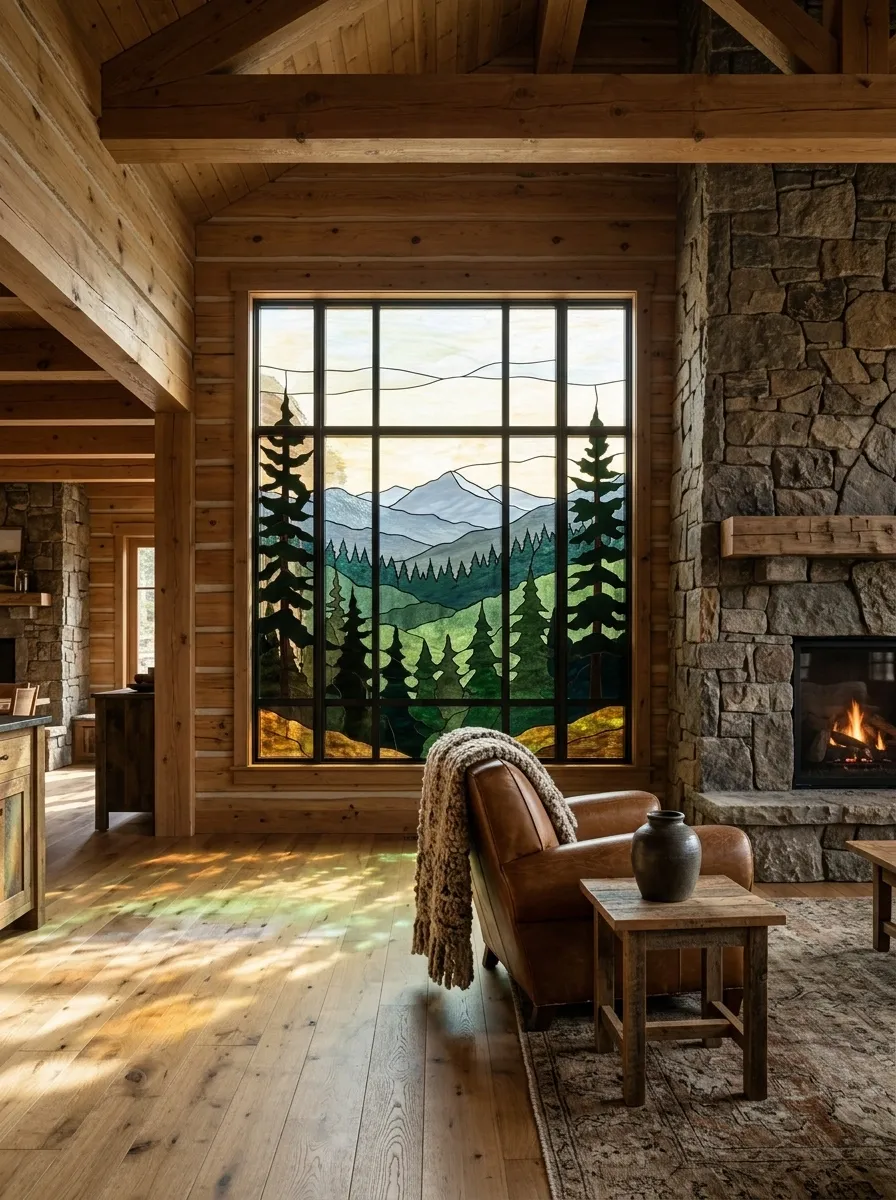 Mountain Cabin Window With a Layered Landscape