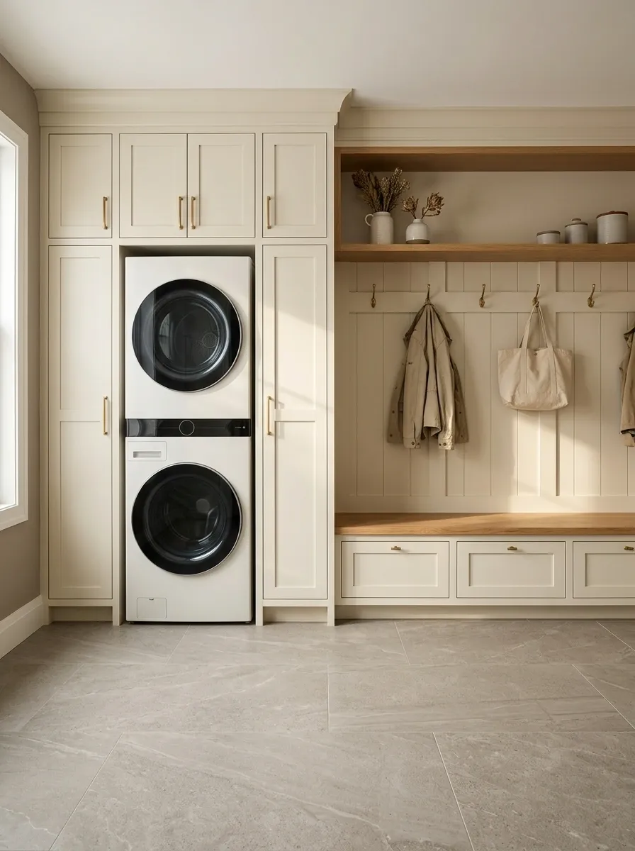Mudroom Laundry Wall With Bench and Closed Shoe Storage