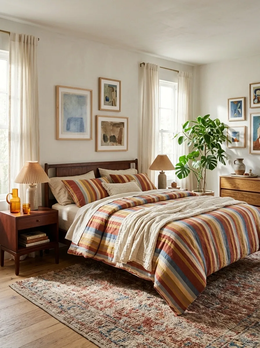 Multicolor Retro Stripes in an Eclectic Bedroom