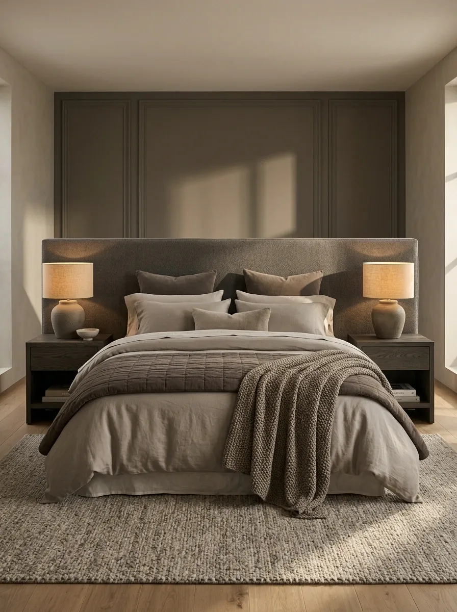 Mushroom and Taupe Bedding With Layered Textures