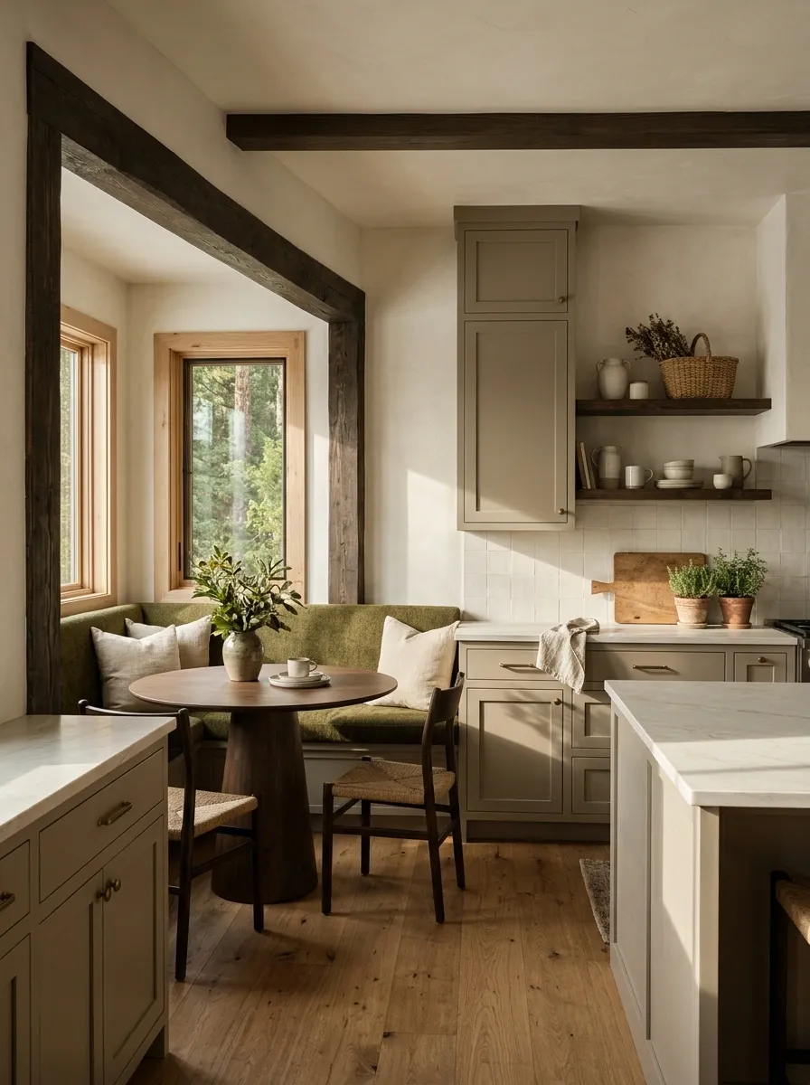 Mushroom-Neutral Kitchen With Dark Timber and a Sheltered Breakfast Seat