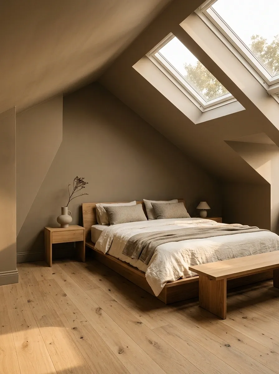 Mushroom-Toned Paint Across an Attic Ceiling and Sloped Walls