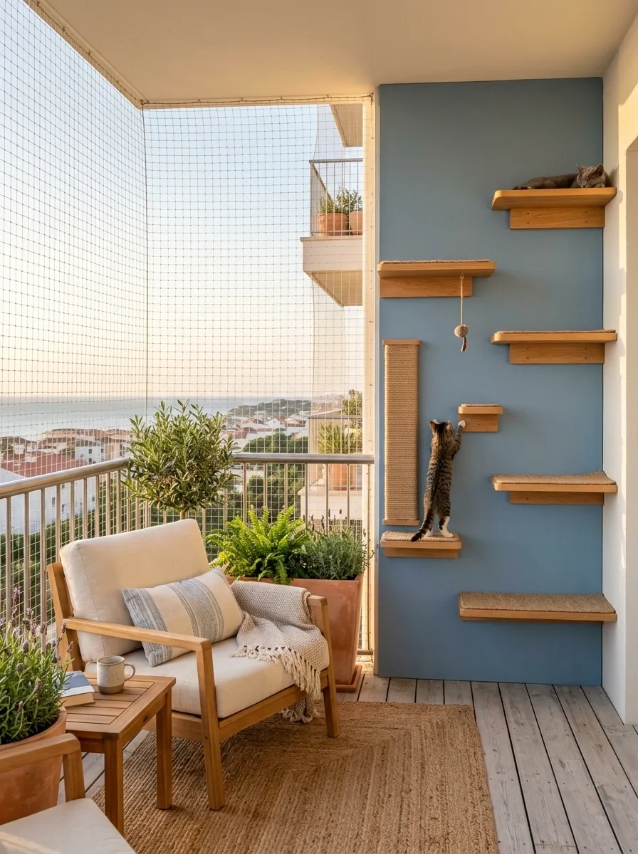 Muted Blue Balcony With a Playful Cat Climbing Wall