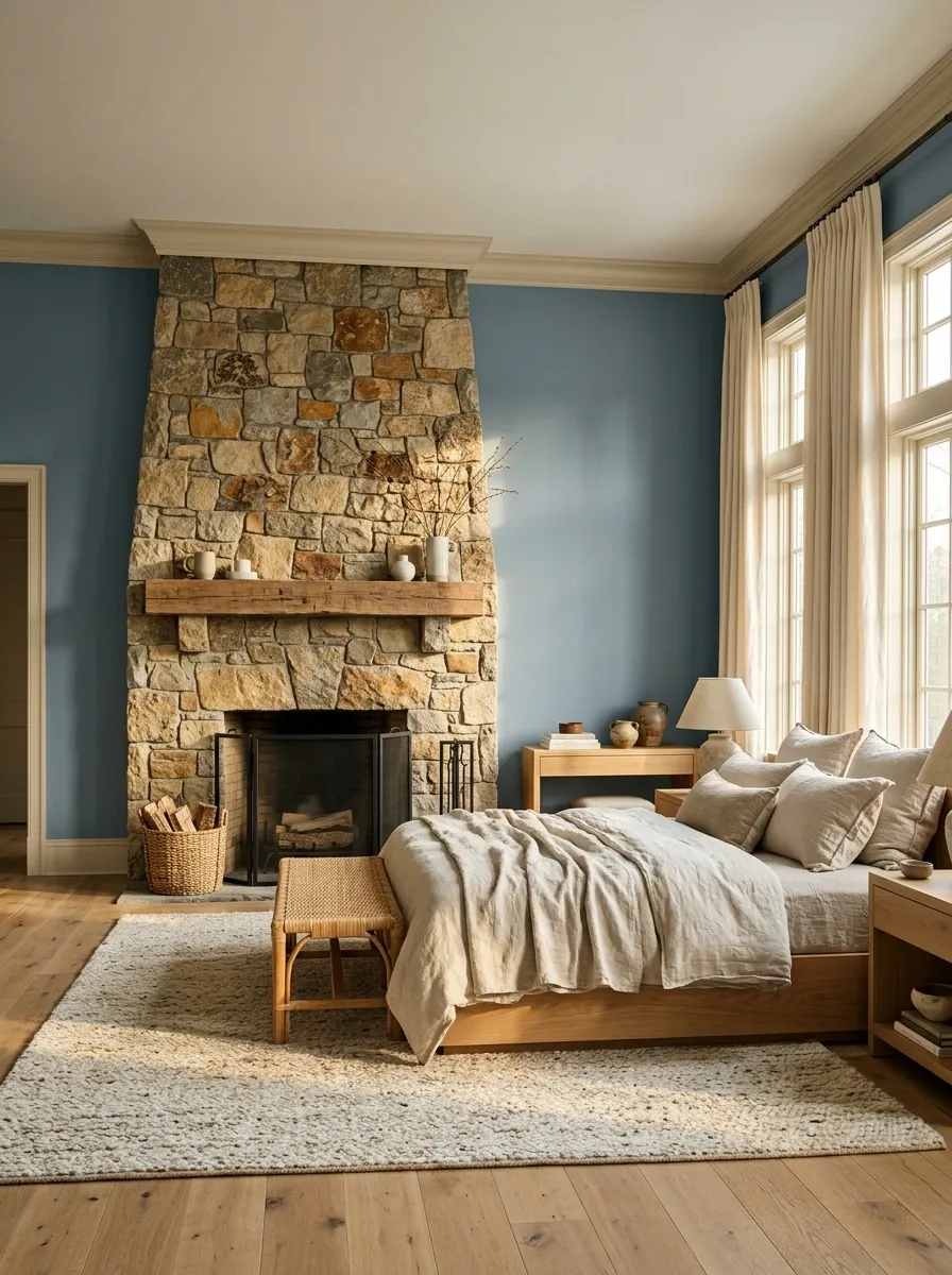 Muted Blue Bedroom With Traditional Stone Fireplace and Woven Textures