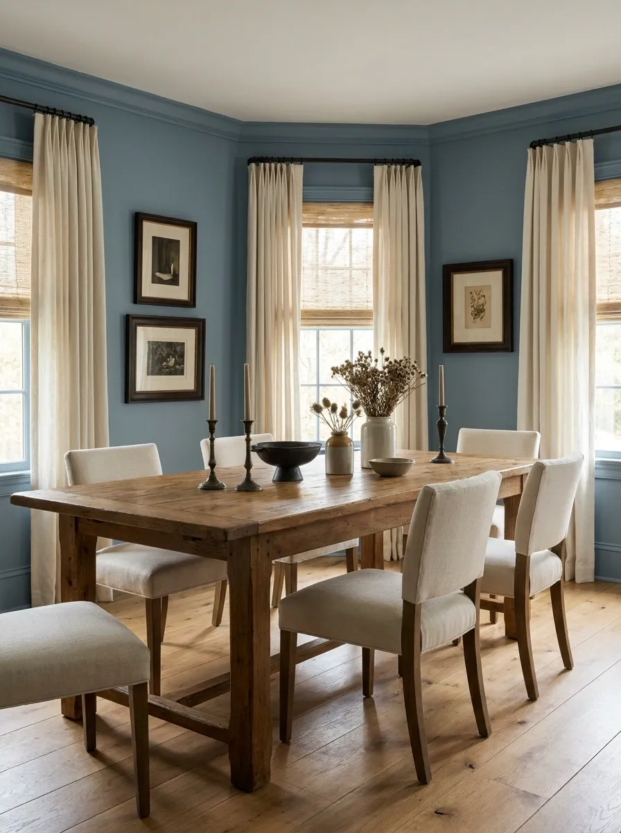 Muted Blue Farmhouse Dining Room With Natural Window Shades