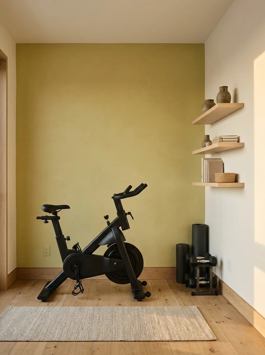 Muted Chartreuse Workout Nook With Warm White