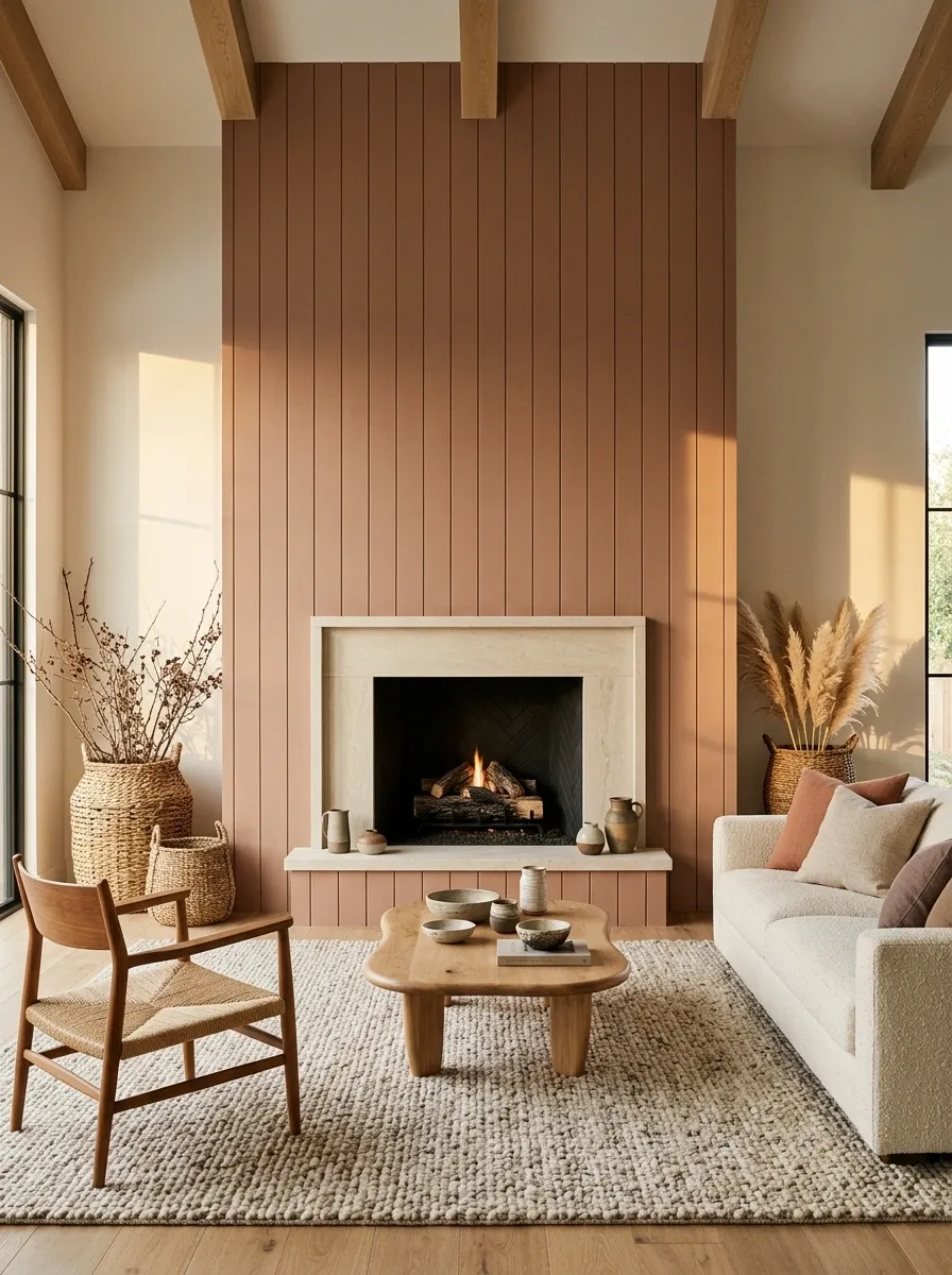 Muted Clay Shiplap Fireplace With Warm Stone