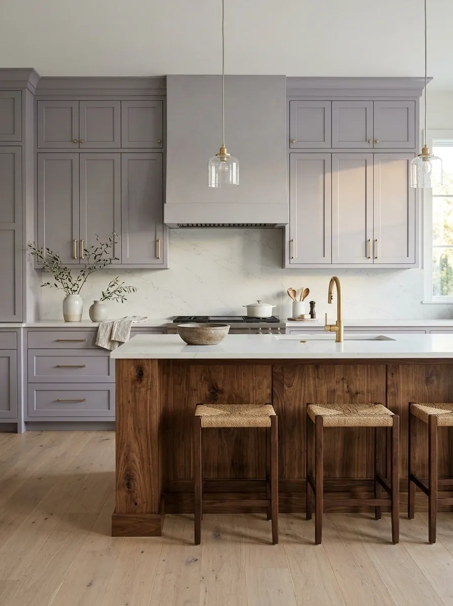Muted Lavender Cabinets With a Walnut Island
