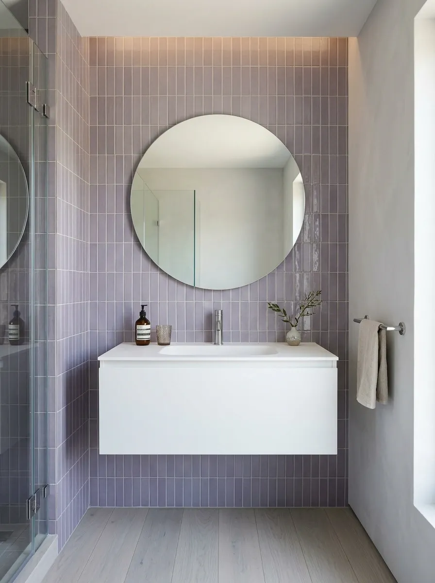 Muted Lavender Tile With Cool Contemporary Fixtures