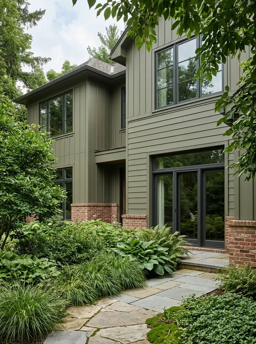 Muted Olive House Blended Into a Garden Frontage