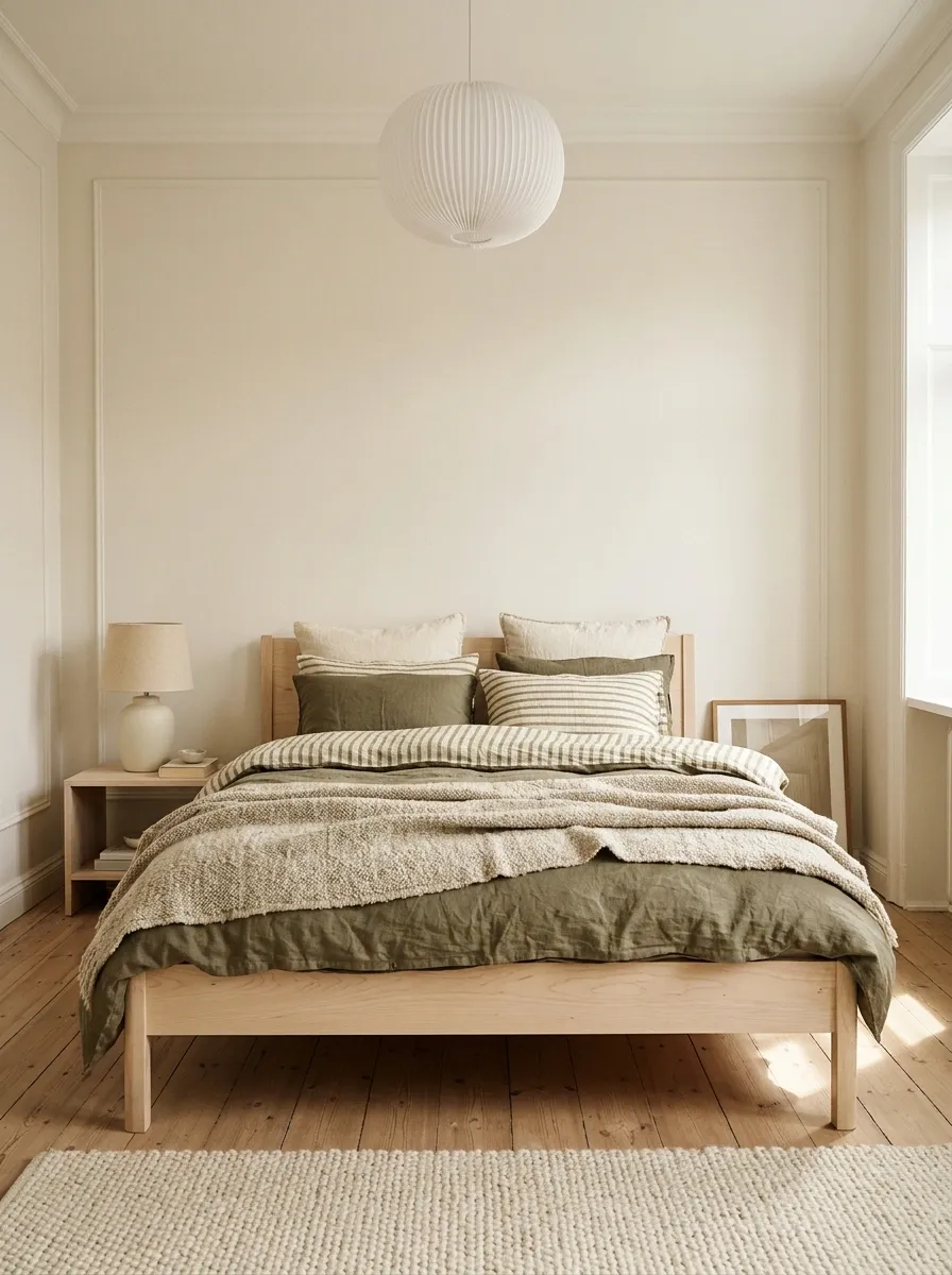 Muted Olive Stripes in a Scandinavian Bedroom