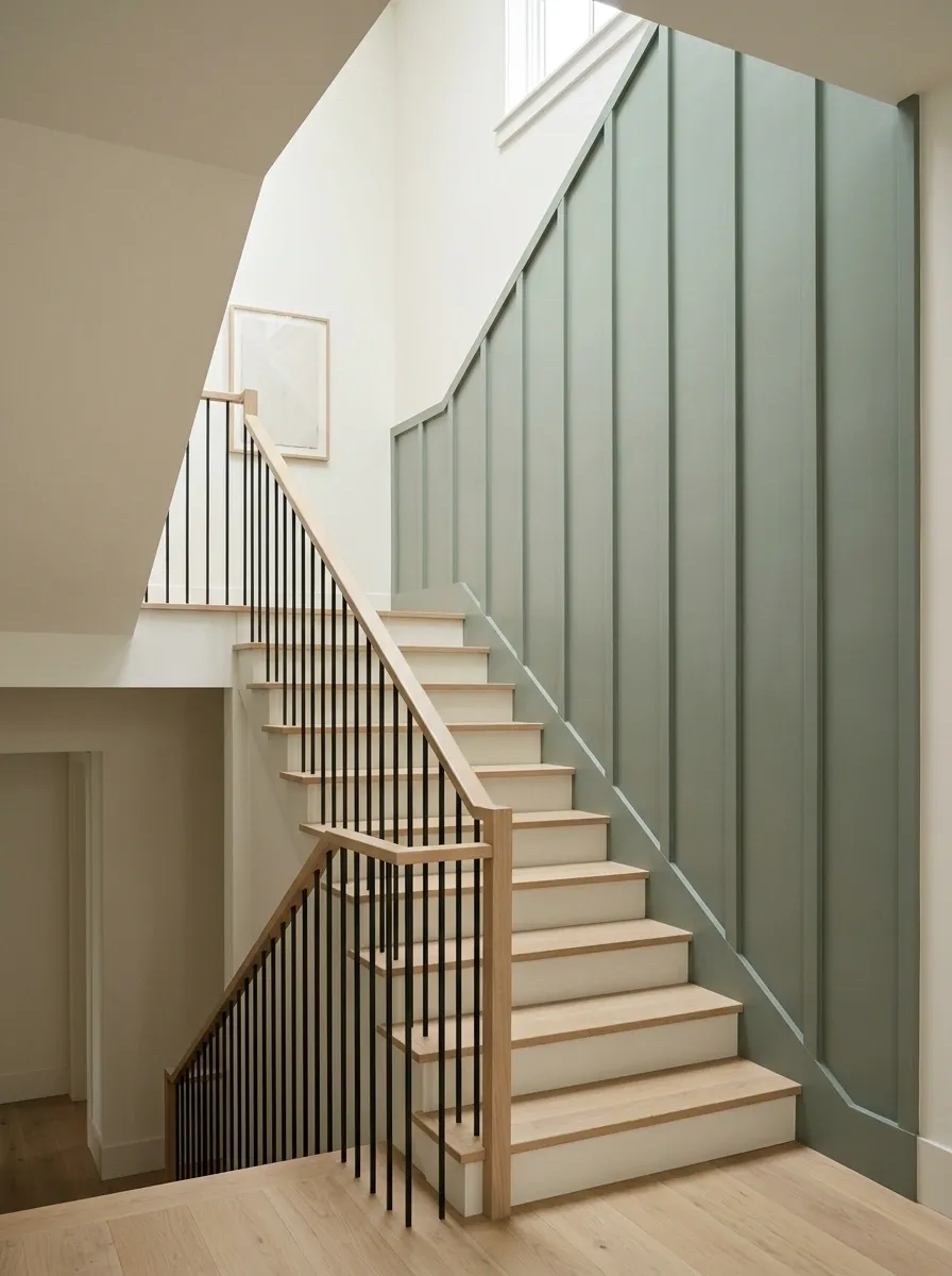 Muted Sage Board-and-Batten With Natural Oak Stairs
