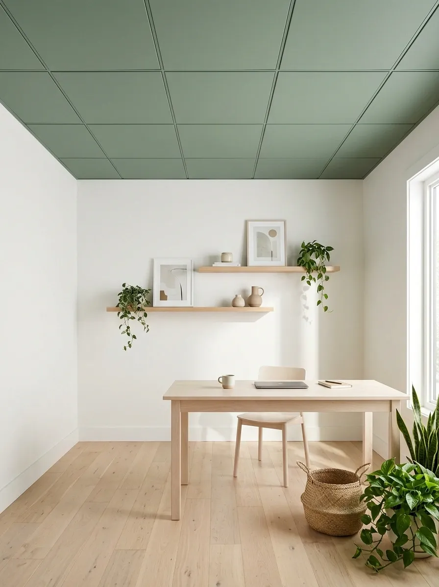 Muted Sage Drop Ceiling in a Creative Home Studio