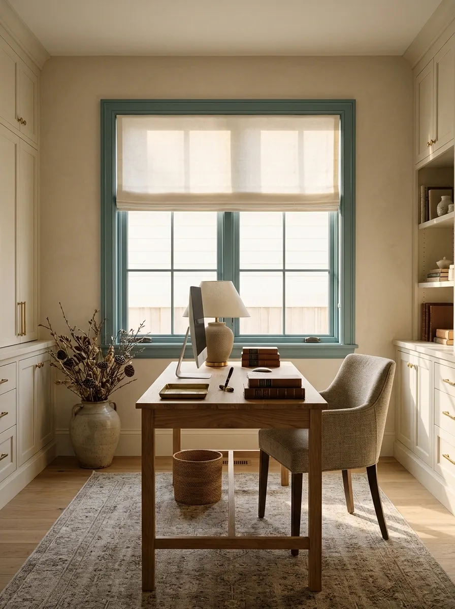 Muted Teal Frames in a Warm Neutral Study