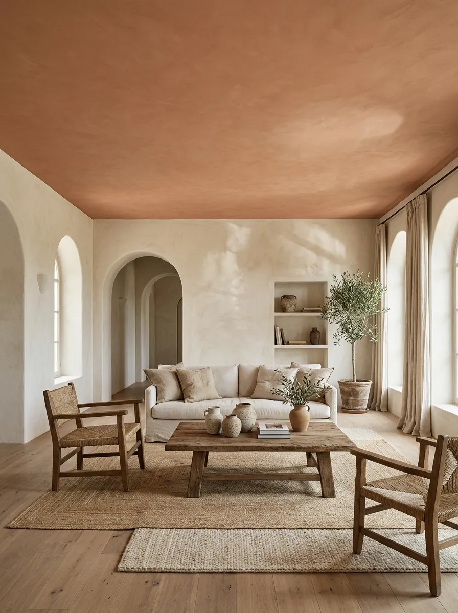 Muted Terracotta Ceiling in a Mediterranean Living Room