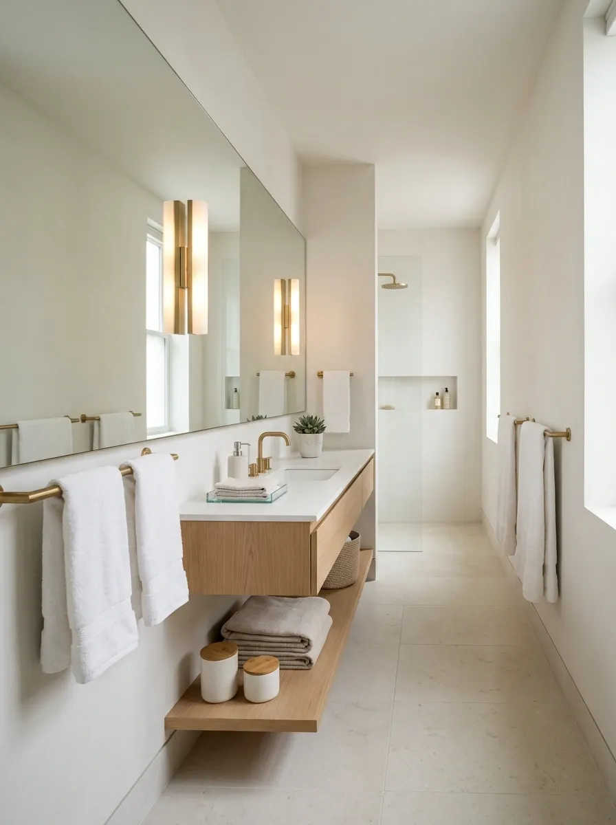 Narrow Bathroom With a Continuous Towel Rail Beneath the Mirror